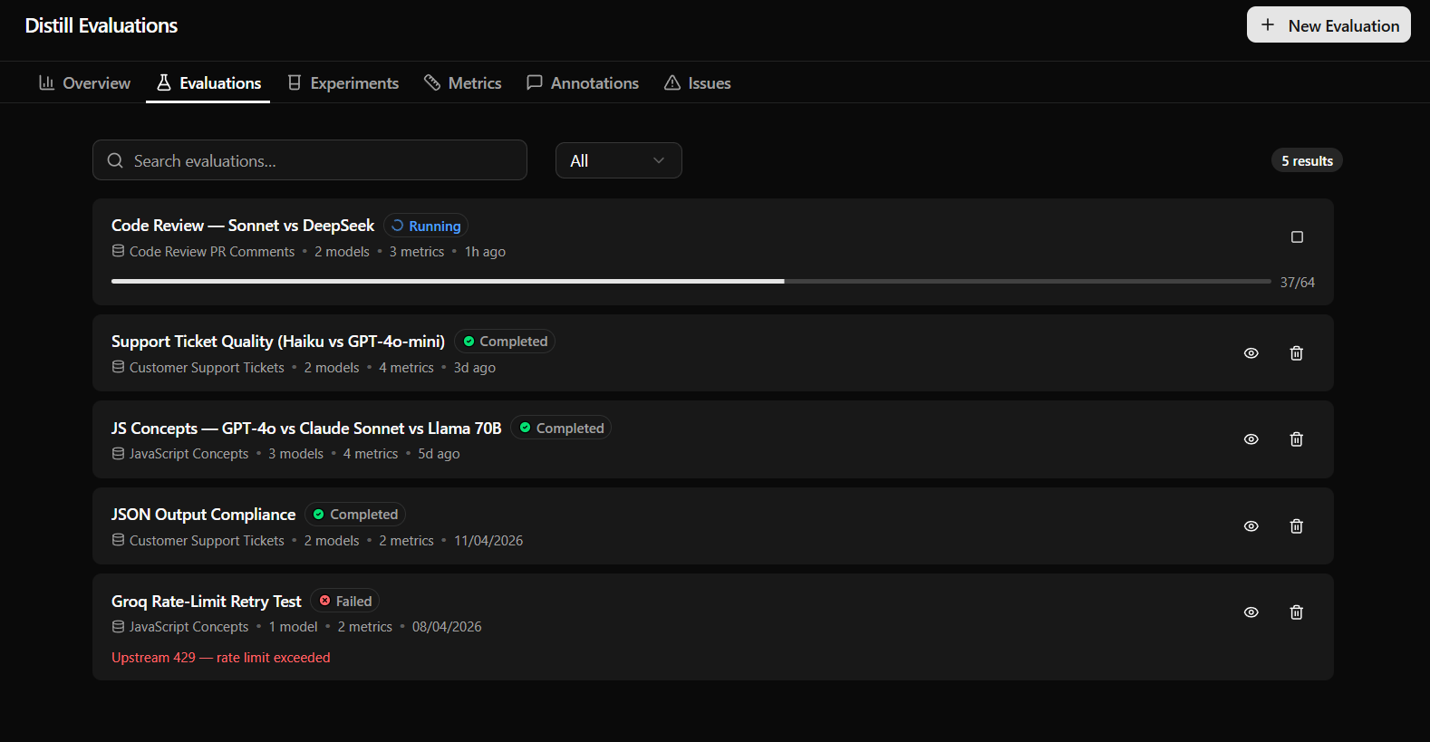 Evaluations list — running, completed, and failed evaluation runs